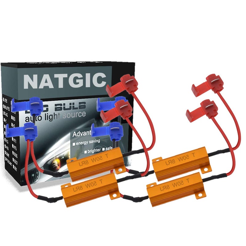NATGIC 4pcs 50W 8 ohm LED Load Resistors Decoders for Turn Signal Lights, Fog Lights Lamps, DRL with 8pcs Quick Wire Clips (Fix Hyper Flash, Error Canceller, Warning Canceller) - Image 1